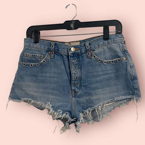 EUC Free People Distressed Cutoff Shorts in Medium Blue Denim